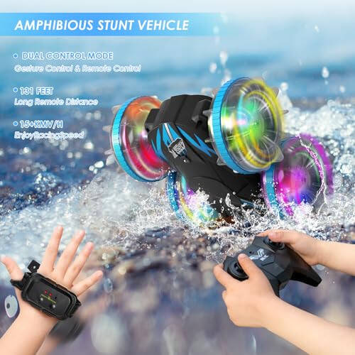 CGSGDK Beach Amphibious Remote Control Car Toys, 2.4 GHz Remote Control Boat Waterproof, All Terrain RC Stunt Car with LED Lights, Land Water Boat Birthday Gifts Toys for 6-12 Year Old Boys Girls - 4