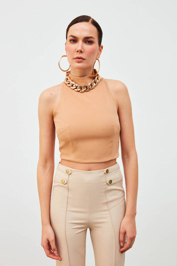 Chain Accented Crop Blouse - Camel - 11