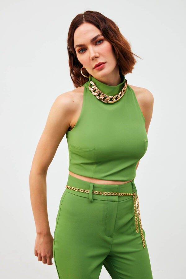 Chain Accented Crop Blouse - Light Green - 2