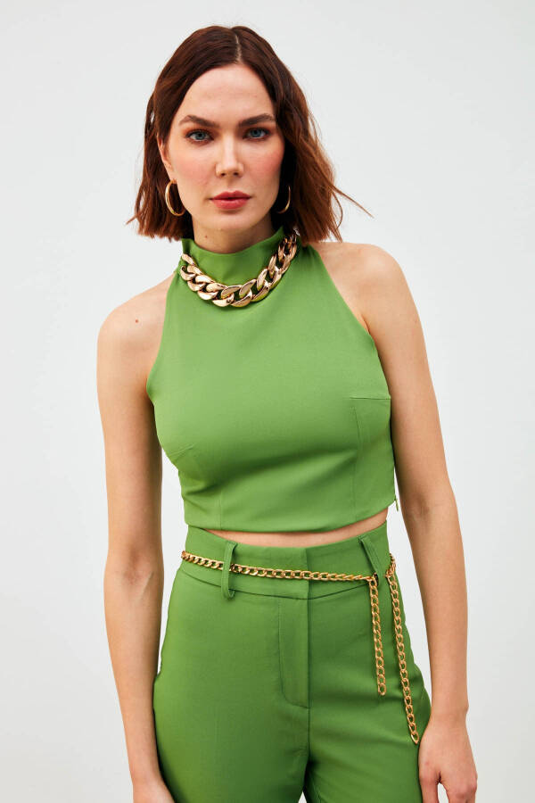 Chain Accented Crop Blouse - Light Green - 11