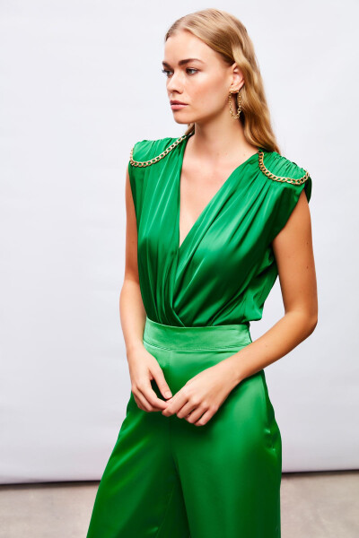 Chain Accented Satin Bodysuit Blouse - GREEN - 1