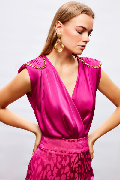 Chain Accessory Satin Bodysuit Blouse - FUCHSIA - 3