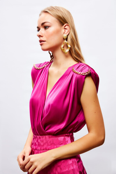 Chain Accessory Satin Bodysuit Blouse - FUCHSIA - 4