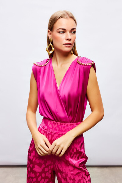 Chain Accessory Satin Bodysuit Blouse - FUCHSIA - 5