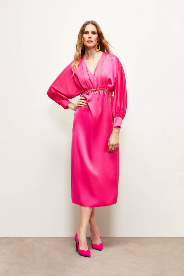 Chain Belt Satin Dress - Fuchsia - 1