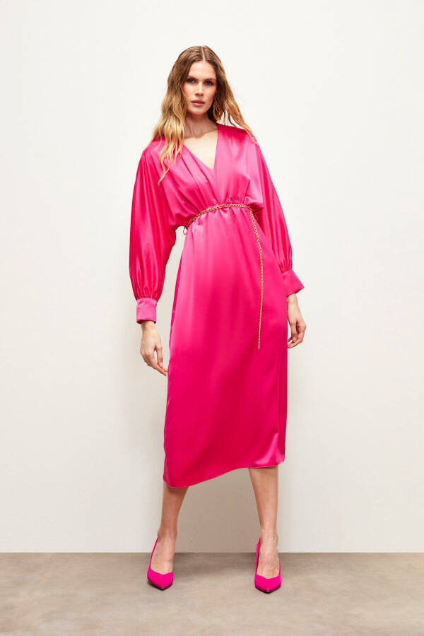 Chain Belt Satin Dress - Fuchsia - 2