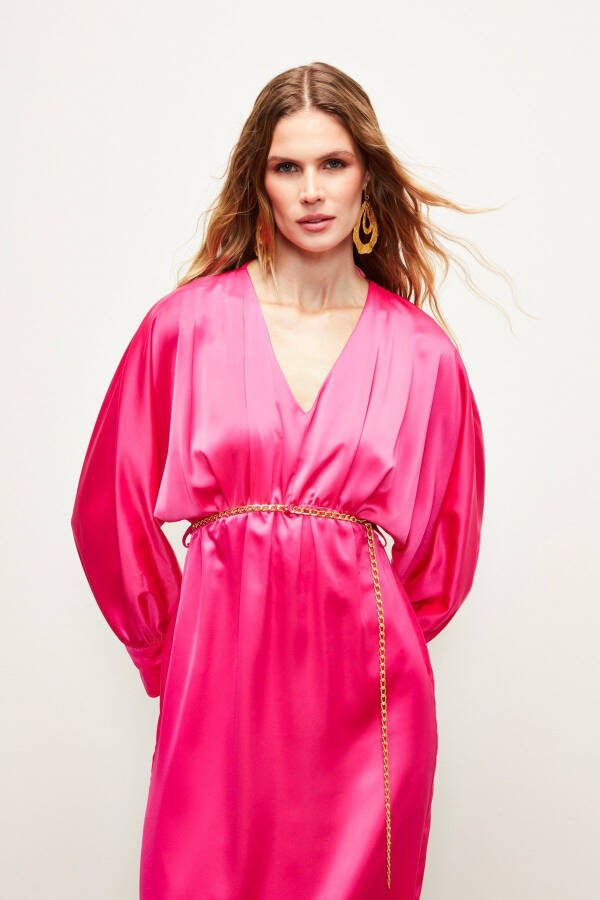 Chain Belt Satin Dress - Fuchsia - 3