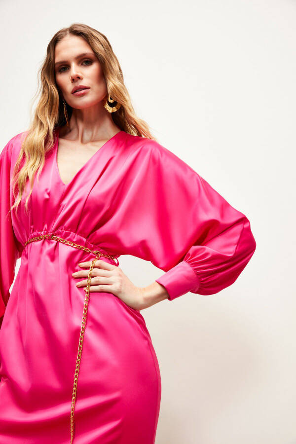 Chain Belt Satin Dress - Fuchsia - 6