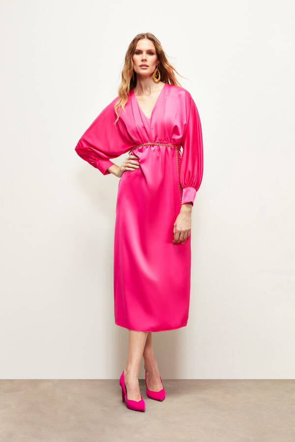 Chain Belt Satin Dress - Fuchsia - 8