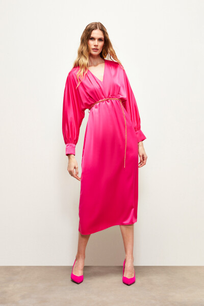 Chain Belt Satin Dress - Fuchsia - 9