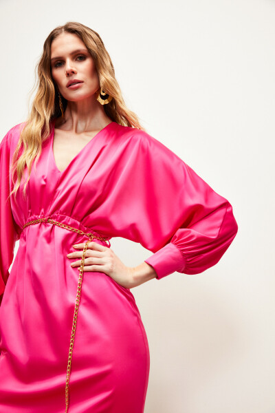 Chain Belt Satin Dress - Fuchsia - 13