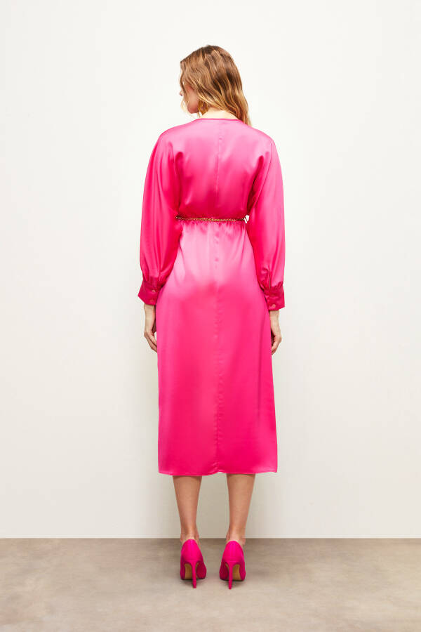 Chain Belt Satin Dress - Fuchsia - 14