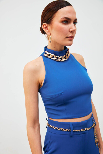 Chain-Detailed Crop Blouse - Sax Blue - 1