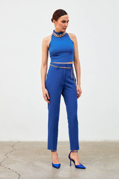 Chain-Detailed Crop Blouse - Sax Blue - 3