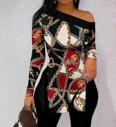 Chain patterned, long sleeve, one shoulder, low cut micro blouse. - 2