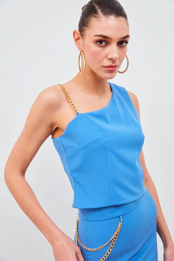 Chain Strap Detailed Crop Blouse - Blue - 2