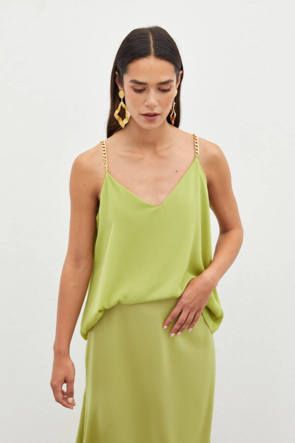 Chain Strap Loose Blouse - Olive Green - 4