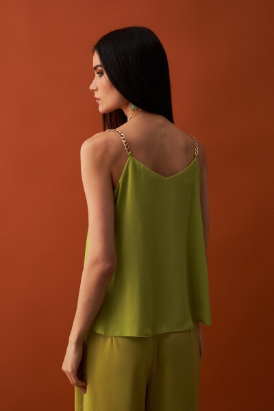 Chain Strap Loose Blouse - Olive Green - 15