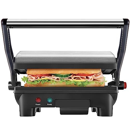 Chefman Electric Panini Press Grill and Gourmet Sandwich Maker w/ Non-Stick Coated Plates, Opens 180 Degrees to Fit Any Type or Size Food, Dishwasher Safe Removable Drip Tray, Stainless Steel/Black - 1