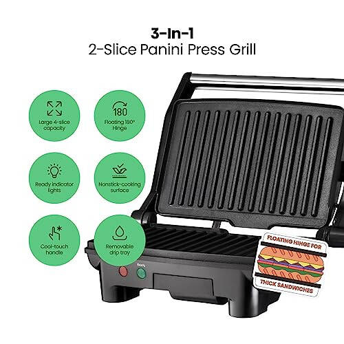 Chefman Electric Panini Press Grill and Gourmet Sandwich Maker w/ Non-Stick Coated Plates, Opens 180 Degrees to Fit Any Type or Size Food, Dishwasher Safe Removable Drip Tray, Stainless Steel/Black - 2