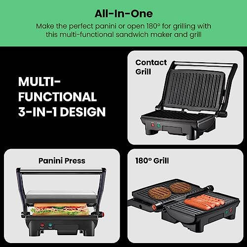 Chefman Electric Panini Press Grill and Gourmet Sandwich Maker w/ Non-Stick Coated Plates, Opens 180 Degrees to Fit Any Type or Size Food, Dishwasher Safe Removable Drip Tray, Stainless Steel/Black - 3