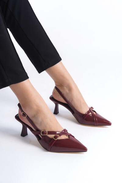 Cherry Red Burgundy Patent Pointed Toe Buckle Stiletto Heels - 9