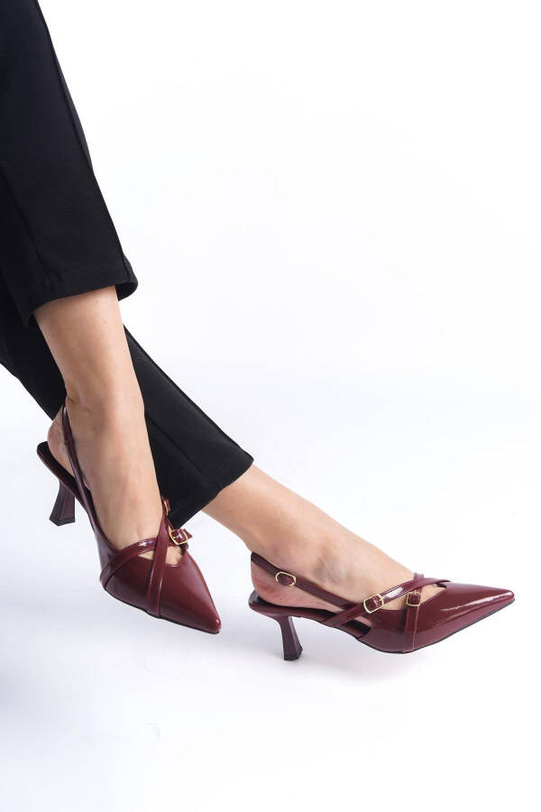 Cherry Red Burgundy Patent Pointed Toe Buckle Stiletto Heels - 10