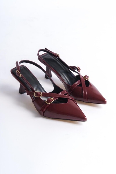 Cherry Red Burgundy Patent Pointed Toe Buckle Stiletto Heels - 11