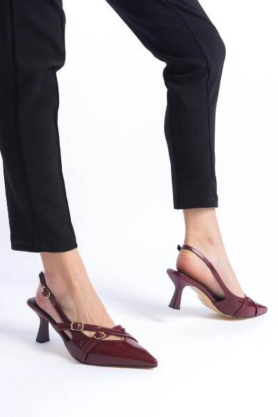 Cherry Red Burgundy Patent Pointed Toe Buckle Stiletto Heels - 4