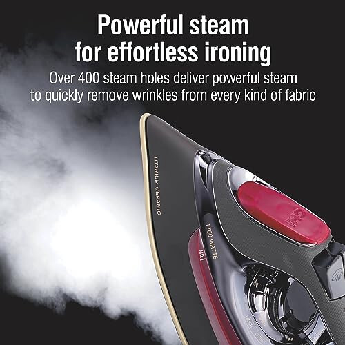 CHI Steam Iron for Clothes with 8’ Retractable Cord, 1700 Watts, 3-Way Auto Shutoff, 400+ Holes, Professional Grade, Temperature Control Dial, Titanium Infused Ceramic Soleplate, Black/Chrome (13109) - 3