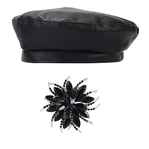 Chic PU Leather Beret for Women, Classic Berets Artist Painter Cap with Rhinestones Accessories - 1