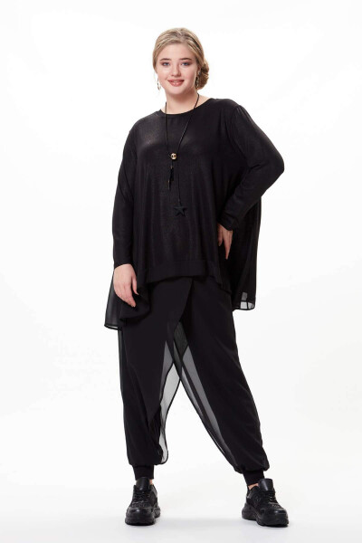 Chiffon Panel Sequined Plus Size Blouse Black - 1