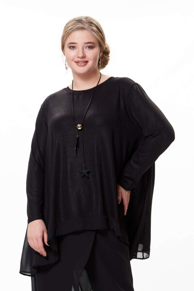 Chiffon Panel Sequined Plus Size Blouse Black - 2