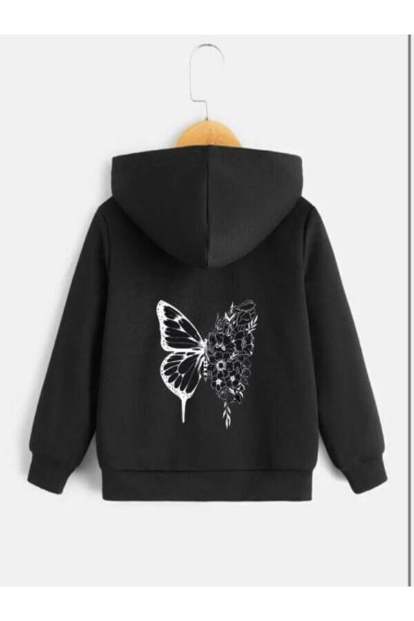 Children's Floral Butterfly Printed Black Zippered Jacket - 1