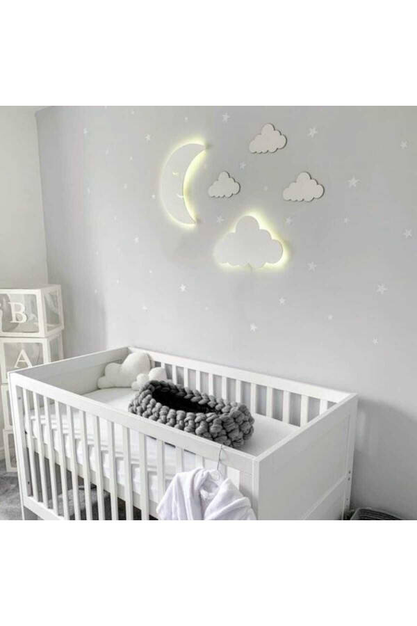 Children's Room Decorative Wooden Moon and Cloud Night Light LED Lighting Wall Decoration - 2