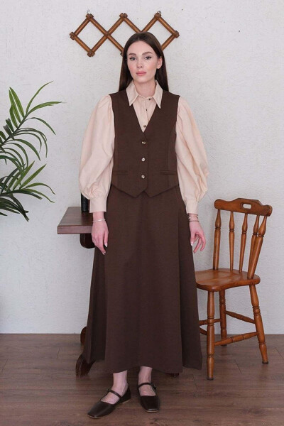 Chocolate Linen Look Vest & Skirt Set - 1