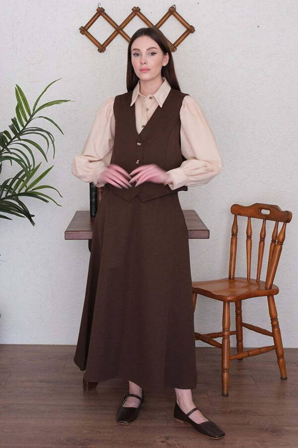 Chocolate Linen Look Vest & Skirt Set - 2