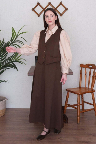 Chocolate Linen Look Vest & Skirt Set - 3