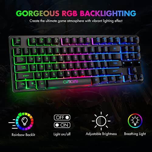 CHONCHOW 87 Tuşlu TKL Oyun Klavyesi ve Fare Kombosu, Kablolu LED Gökkuşağı Arka Aydınlatmalı Klavye 800-3200 DPI RGB Fare, PS4 Xbox PC Dizüstü Bilgisayar Mac için Oyun - 8