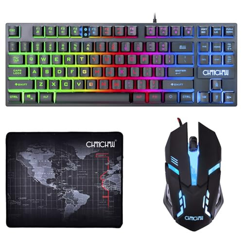 CHONCHOW 87 Tuşlu TKL Oyun Klavyesi ve Fare Kombosu, Kablolu LED Gökkuşağı Arka Aydınlatmalı Klavye 800-3200 DPI RGB Fare, PS4 Xbox PC Dizüstü Bilgisayar Mac için Oyun - 1