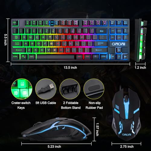 CHONCHOW 87 Tuşlu TKL Oyun Klavyesi ve Fare Kombosu, Kablolu LED Gökkuşağı Arka Aydınlatmalı Klavye 800-3200 DPI RGB Fare, PS4 Xbox PC Dizüstü Bilgisayar Mac için Oyun - 4