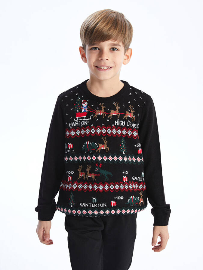 Christmas Themed Long Sleeve Boy's Knit Sweater with a Crew Neck - 1