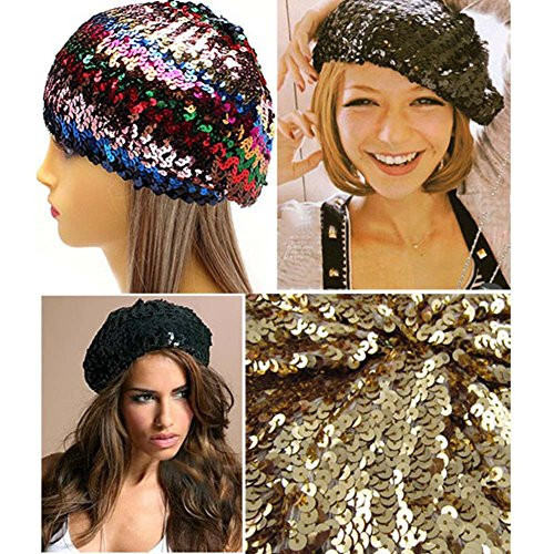 CHUANGLI Sparkly Sequins Beret Hat Glitter Mermaid Cap for Dancing Party Fancy Dress - 4