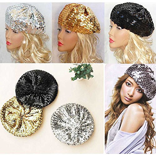 CHUANGLI Sparkly Sequins Beret Hat Glitter Mermaid Cap for Dancing Party Fancy Dress - 7