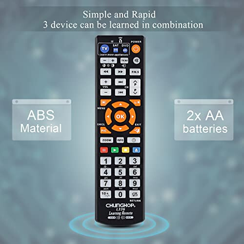 CHUNGHOP Universal IR Learning Remote Control for Smart TV VCR CBL DVD SAT STR-TV CD VCD HI-FI, for All Brands IR Remote 3 in 1 Programmable Controller L336 - 7