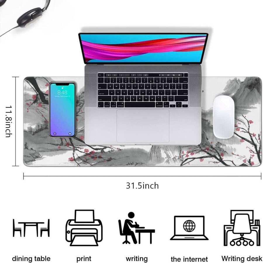 Çiçek Desenli Geniş Oyun Mouse Pad'i (31.5x11.8 inç) Büyük Kaymaz Kauçuk Taban Masa Koruyucu Sakura Dikişli Kenarlı Tam Masa Mouse Pad'i XL - 5