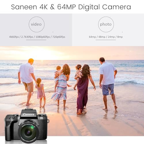 Цифровая камера Saneen, 4k камеры для фотографии и видео, 64MP Wi-Fi камера для ведения блога на YouTube с вспышкой, 32 ГБ SD-карты, бленда, аккумулятор 3000 мАч, передняя и задняя камеры - черный - 8