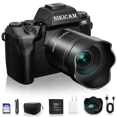 Цифровые камеры для фотографии, NIKICAM 4K 64MP WiFi Vlogging камера для YouTube с двумя камерами, компактная камера с 4” сенсорным экраном и вспышкой, 32 ГБ SD-карта, бленда объектива и аккумулятор 3000 мАч - Черный - 7