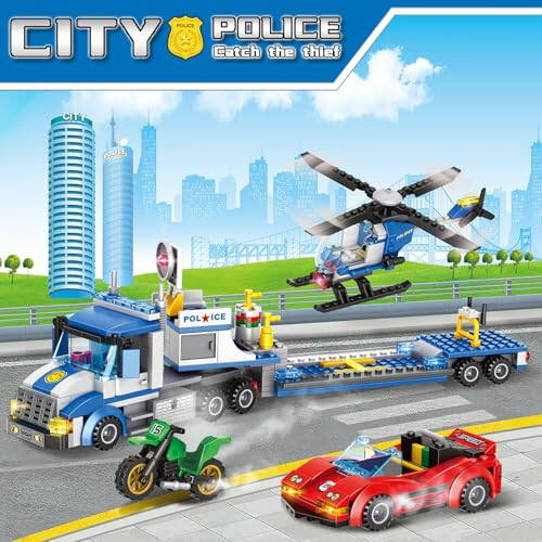 City Police Truck and Trailer Building Sets, Compatible with Lego Police Car with Tow Truck, Helicopter, Car, Motorcycle, Police Chase Building Blocks Toy Set Gift for Boys Aged 6-12, 509 PCS - 38