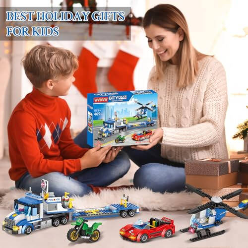 City Police Truck and Trailer Building Sets, Compatible with Lego Police Car with Tow Truck, Helicopter, Car, Motorcycle, Police Chase Building Blocks Toy Set Gift for Boys Aged 6-12, 509 PCS - 41